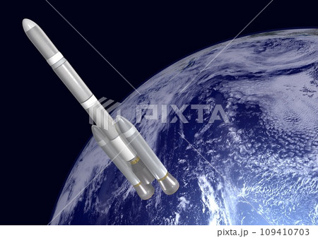 人工衛星や宇宙探査機などを打ち上げるためのロケットと　背景の地球(3DCGイメージ)太陽ナシ 109410703