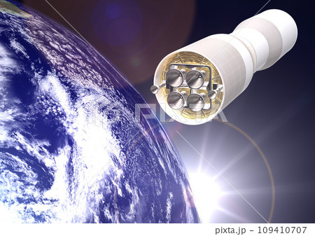 人工衛星や探査機などを運ぶ　ロケットの切り離し部と　背景の地球(3DCGイメージ)太陽アリ 109410707