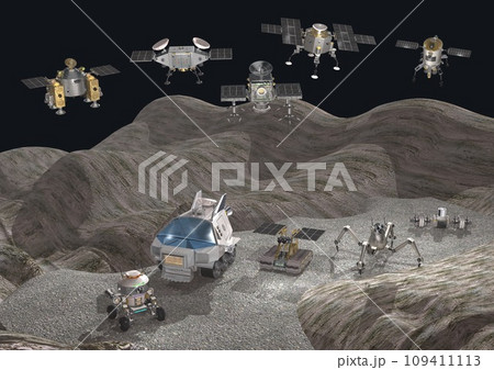 未知の惑星　衛星などを探索　調査する　探査機　探査ロボット　探査車など(3DCGイメージ)太陽ナシ 109411113