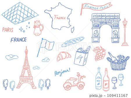 フランスをイメージしたシンボルのおしゃれな手描き線画イラストセット 109411167