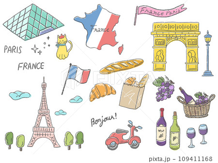 フランスをイメージしたシンボルのおしゃれな手描きイラストセット フランスをイメージしたシンボルのおしゃれな手描きイラストセット 109411168