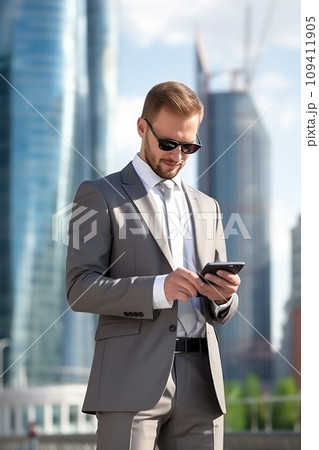AI-generated content. Caucasian businessman in a formal suit and in sunglasses with a smartphone. 109411905