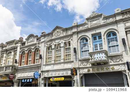 Tainan, Taiwan- June 13, 2022: Building view of Xinhua Old Street in Tainan, Taiwan. which was the Baroque style of buildings during the Japanese rule of Taiwan. 109411968