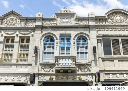 Tainan, Taiwan- June 13, 2022: Building view of Xinhua Old Street in Tainan, Taiwan. which was the Baroque style of buildings during the Japanese rule of Taiwan. 109411969