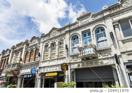 Tainan, Taiwan- June 13, 2022: Building view of Xinhua Old Street in Tainan, Taiwan. which was the Baroque style of buildings during the Japanese rule of Taiwan. 109411970