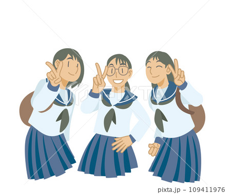 記念撮影でピースサインをする女子学生たち 記念撮影でピースサインをする女子学生たち 109411976