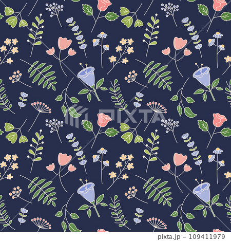 Floral seamless pattern. Vector cute hand drawn flowers and leaves on dark background. Decorative plants repeat illustration 109411979