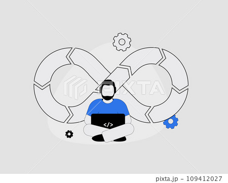 DevOps web concept. Collaborative software creation and communication. Modern development and management processes. Web developer sitting with laptop vector illustration isolated on white background 109412027