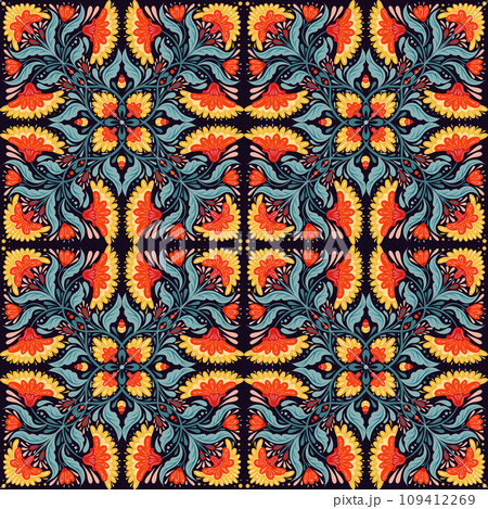 Vector decorative seamless pattern with flower arrangement. Folk art tracery texture with red flowers and blue stems with foliage 109412269