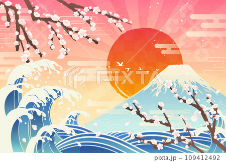 梅と波と富士山の日の出_和風イラスト_横4 109412492