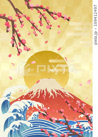 梅と波と富士山の日の出_和風イラスト_縦5 109412497