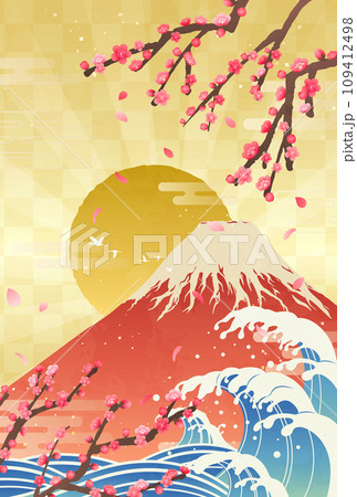 梅と波と富士山の日の出_和風イラスト_縦6 109412498