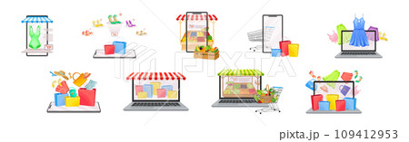 Online Shopping and Purchase with Laptop and Smartphone Screen Vector Set 109412953