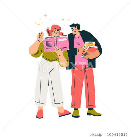 Man and Woman Character Standing with Book Finding and Searching for Idea Vector Illustration 109413013