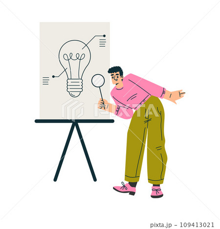 Finding Brilliant Idea with Man Character at Whiteboard with Lightbulb Hold Magnifier Vector Illustration Finding Brilliant Idea with Man Character at Whiteboard with Lightbulb Hold Magnifier Vector Illustration 109413021