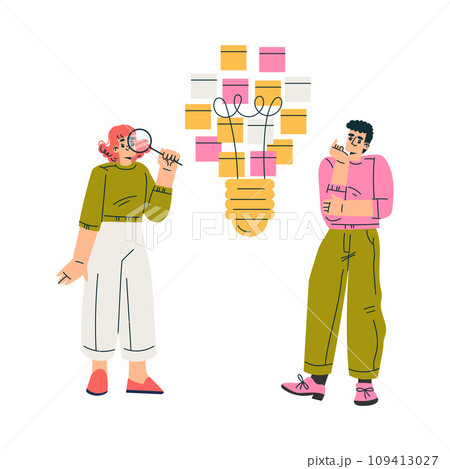 Finding Brilliant Idea with Man and Woman Character Standing with Lightbulb Vector Illustration Finding Brilliant Idea with Man and Woman Character Standing with Lightbulb Vector Illustration 109413027
