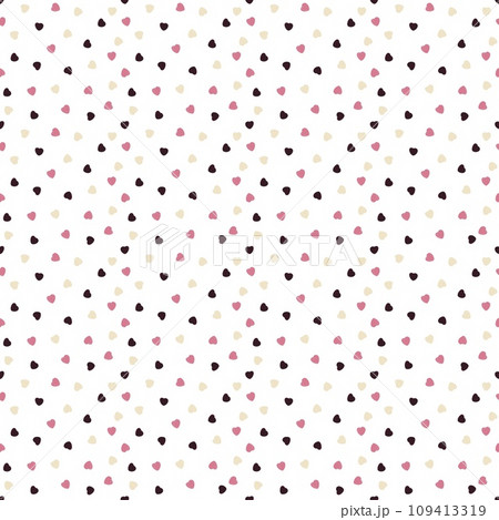 A pattern of small hearts of pink, brown and , beige color on a white background. 109413319