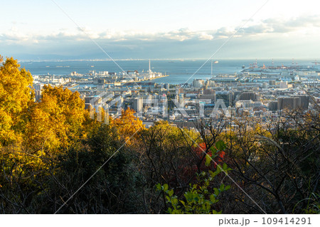 紅葉に染まる六甲山と神戸港 紅葉に染まる六甲山と神戸港 109414291