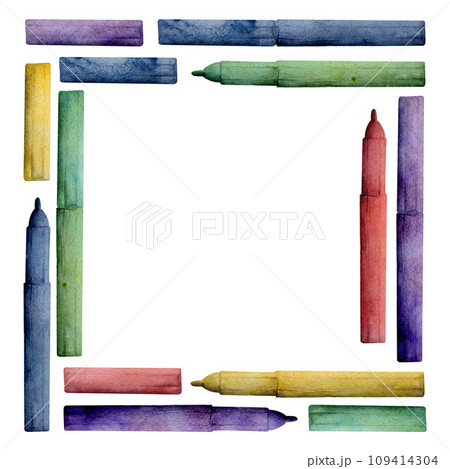 Watercolor hand drawn illustration, kids children painting materials supplies, pencil crayon marker art stationery. Square frame isolated on white. For school kindergarten, party, cards, website, shop Watercolor hand drawn illustration, kids children painting materials supplies, pencil crayon marker art stationery. Square frame isolated on white. For school kindergarten, party, cards, website, shop 109414304