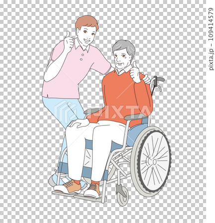 Senior man being pushed in a wheelchair by a caregiver 109414579