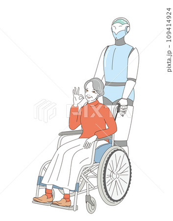 近未来介護ロボットと車いすに乗る高齢者 109414924