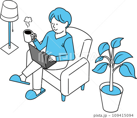 在宅ワークをする男性のイラスト（青） 109415094