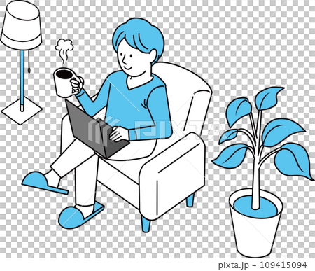 在宅ワークをする男性のイラスト（青） 109415094