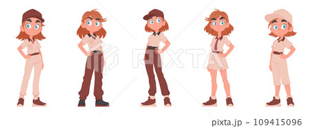 Set of five cute girls schoolgirls in beige and brown uniforms. Schoolgirls posing. Vector cartoon style. 109415096