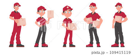 Cheerful Team of Five Male Couriers Holding Packages. Red Uniformed Delivery Guys with Paper Boxes. Vector Cartoon Illustration. 109415119