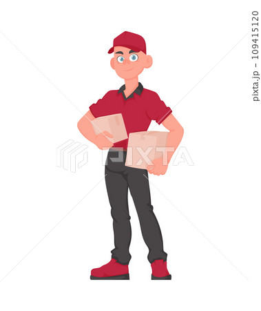 Smiling Deliveryman with Parcel: Friendly courier in red uniform holding a paper box. Vector cartoon illustration. Smiling Deliveryman with Parcel: Friendly courier in red uniform holding a paper box. Vector cartoon illustration. 109415120