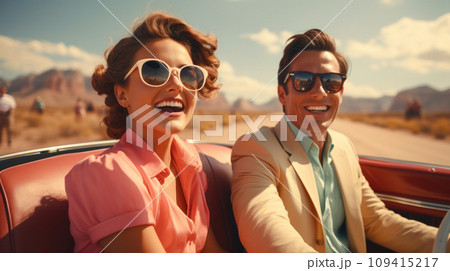 Portrait of smiling happy newlyweds traveling in a classic convertible poster stylized in the style of the 60s for advertising a travel agency Portrait of smiling happy newlyweds traveling in a classic convertible poster stylized in the style of the 60s for advertising a travel agency 109415217