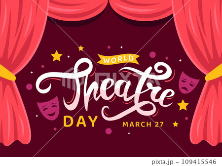 World Theatre Day Vector Illustration on March 27 with Mask and Red Curtains to Preserve Performing Arts and Entertainment in Flat Cartoon Background World Theatre Day Vector Illustration on March 27 with Mask and Red Curtains to Preserve Performing Arts and Entertainment in Flat Cartoon Background 109415546