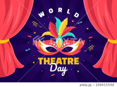 World Theatre Day Vector Illustration on March 27 with Mask and Red Curtains to Preserve Performing Arts and Entertainment in Flat Cartoon Background World Theatre Day Vector Illustration on March 27 with Mask and Red Curtains to Preserve Performing Arts and Entertainment in Flat Cartoon Background 109415548