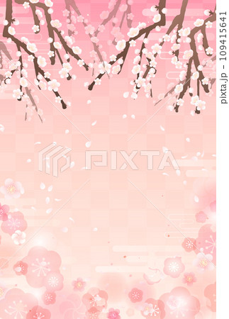 梅の枝と舞い散る花びらの和風イラスト_縦2 109415641