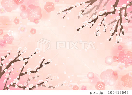 梅の枝と舞い散る花びらの和風イラスト_横1 109415642