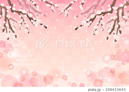 梅の枝と舞い散る花びらの和風イラスト_横2 梅の枝と舞い散る花びらの和風イラスト_横2 109415643