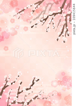 梅の枝と舞い散る花びらの和風イラスト_縦1 梅の枝と舞い散る花びらの和風イラスト_縦1 109415644