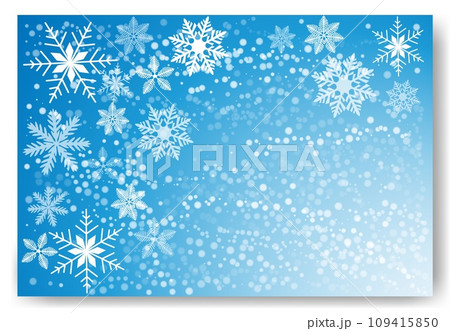 Cute falling snow flakes illustration. Wintertime speck frozen granules. Snowfall sky white teal blue wallpaper. Scattered snowflakes december theme. Snow hurricane landscape 109415850