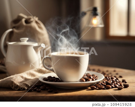 Light photo, in white and beige tones. Cup of hot coffee with steam on a wooden background. Coffee beans in a bag. Cozy homely atmosphere in pastel colors. This photo was generated using Leonardo AI 109415928
