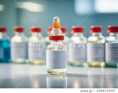 ampoules with Covid-19 vaccine on a laboratory bench. to fight the coronavirus, sars-cov-2 pandemic. This photo was generated using Leonardo AI 109415933
