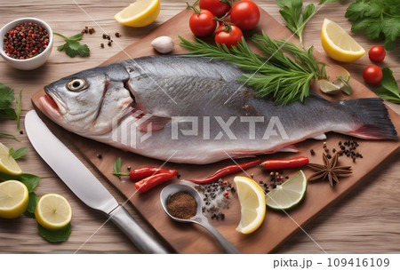 Two fresh raw salmon steaks with salt, peppers, lemon, tomatoes and dill on the rustic table. This photo was generated using Playground AI 109416109