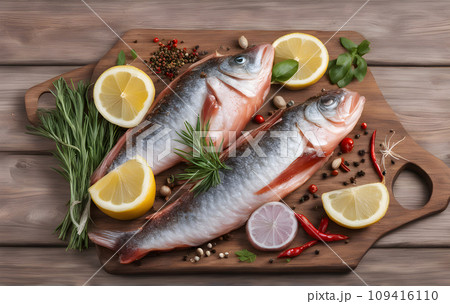 Two fresh raw salmon steaks with salt, peppers, lemon, tomatoes and dill on the rustic table. This photo was generated using Playground AI Two fresh raw salmon steaks with salt, peppers, lemon, tomatoes and dill on the rustic table. This photo was generated using Playground AI 109416110