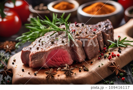 Meat juicy beef steak, piece of meat on a wooden board with spices and herbs. This photo was generated using Playground AI 109416117