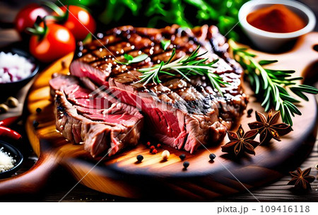 Meat juicy beef steak, piece of meat on a wooden board with spices and herbs. This photo was generated using Playground AI 109416118