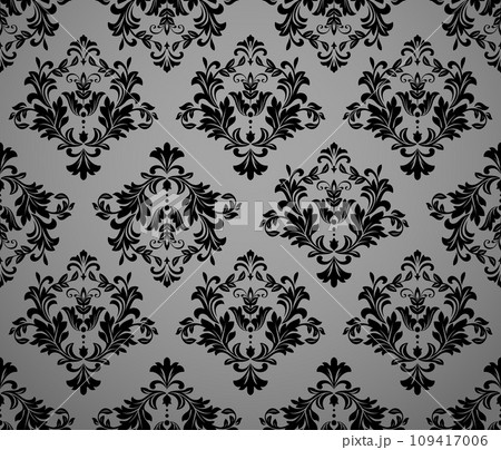 Wallpaper in the style of Baroque. Seamless vector background. Black and gray floral ornament. Graphic pattern for fabric, wallpaper, packaging. Ornate Damask flower ornament Wallpaper in the style of Baroque. Seamless vector background. Black and gray floral ornament. Graphic pattern for fabric, wallpaper, packaging. Ornate Damask flower ornament 109417006