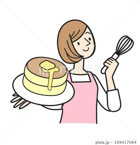 料理を持つエプロンの女性　シンプルな人物イラスト 109417064