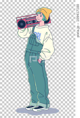 A girl in overalls carrying a radio cassette player 109417180
