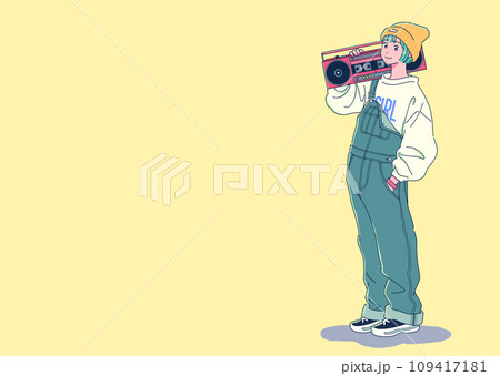 ラジカセを担ぐオーバーオール姿の女の子 109417181