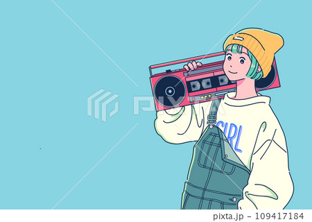 ラジカセを担ぐオーバーオール姿の女の子 109417184