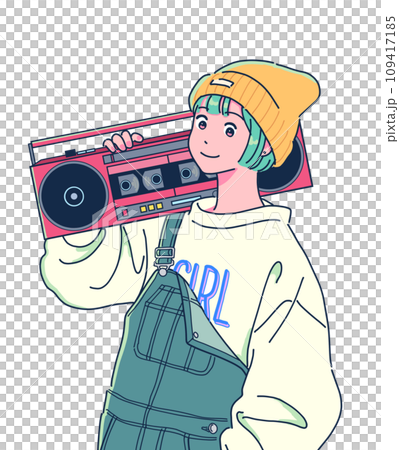 A girl in overalls carrying a radio cassette player 109417185